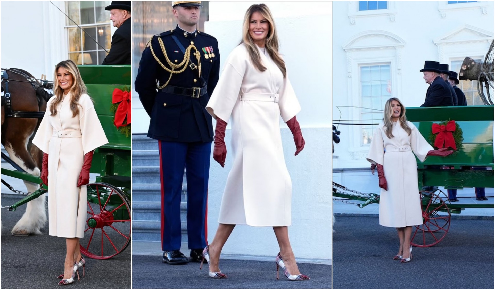 Меланија Трамп ја отвори сезоната на празнични модни комбинации: Во бел мантил, бордо ракавици и карирани чевли ја пречека божиќната елка во Белата куќа (ВИДЕО)