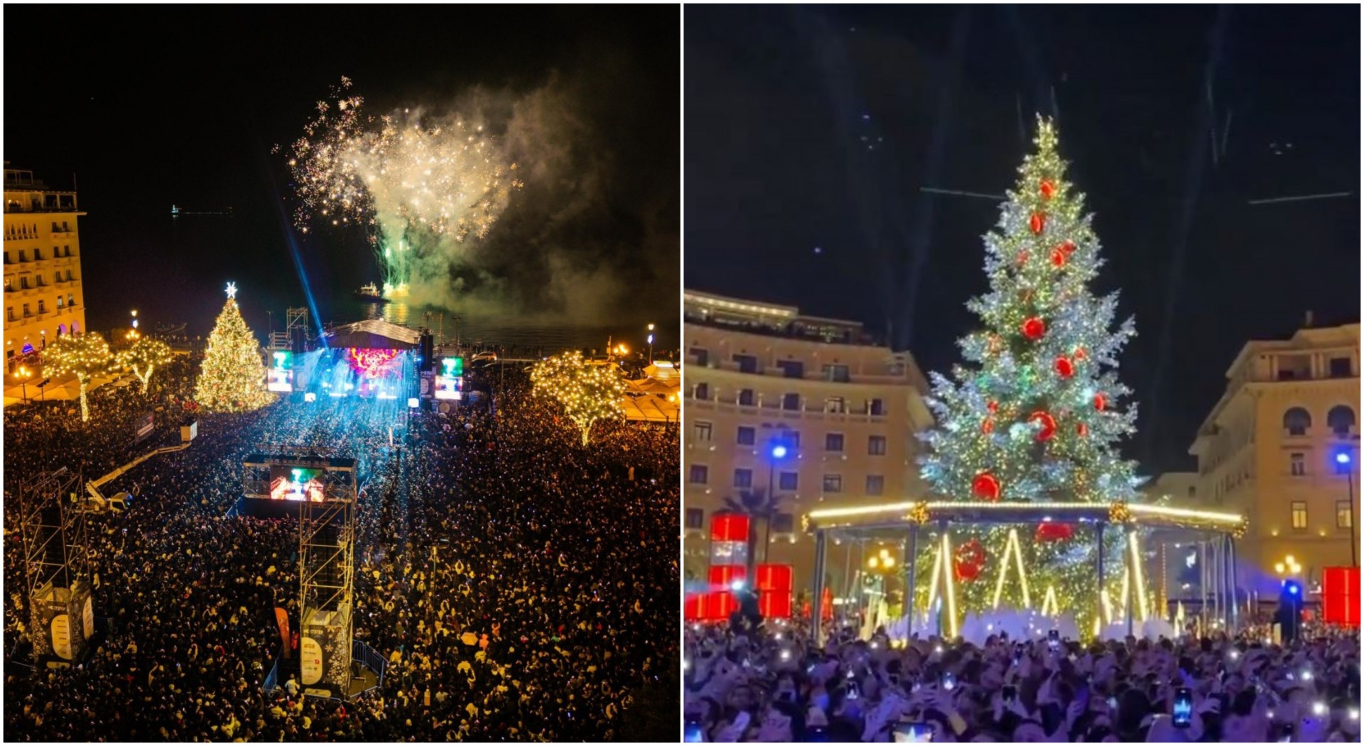 Блесна 18 -метарската елка во Солун: Илјадници граѓани на дожд го дочека празничниот сјај на градот (ВИДЕО)