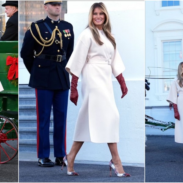 Меланија Трамп ја отвори сезоната на празнични модни комбинации: Во бел мантил, бордо ракавици и карирани чевли ја пречека божиќната елка во Белата куќа (ВИДЕО)