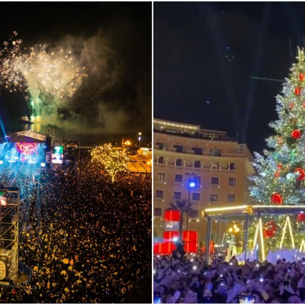 Блесна 18 -метарската елка во Солун: Илјадници граѓани на дожд го дочека празничниот сјај на градот (ВИДЕО)